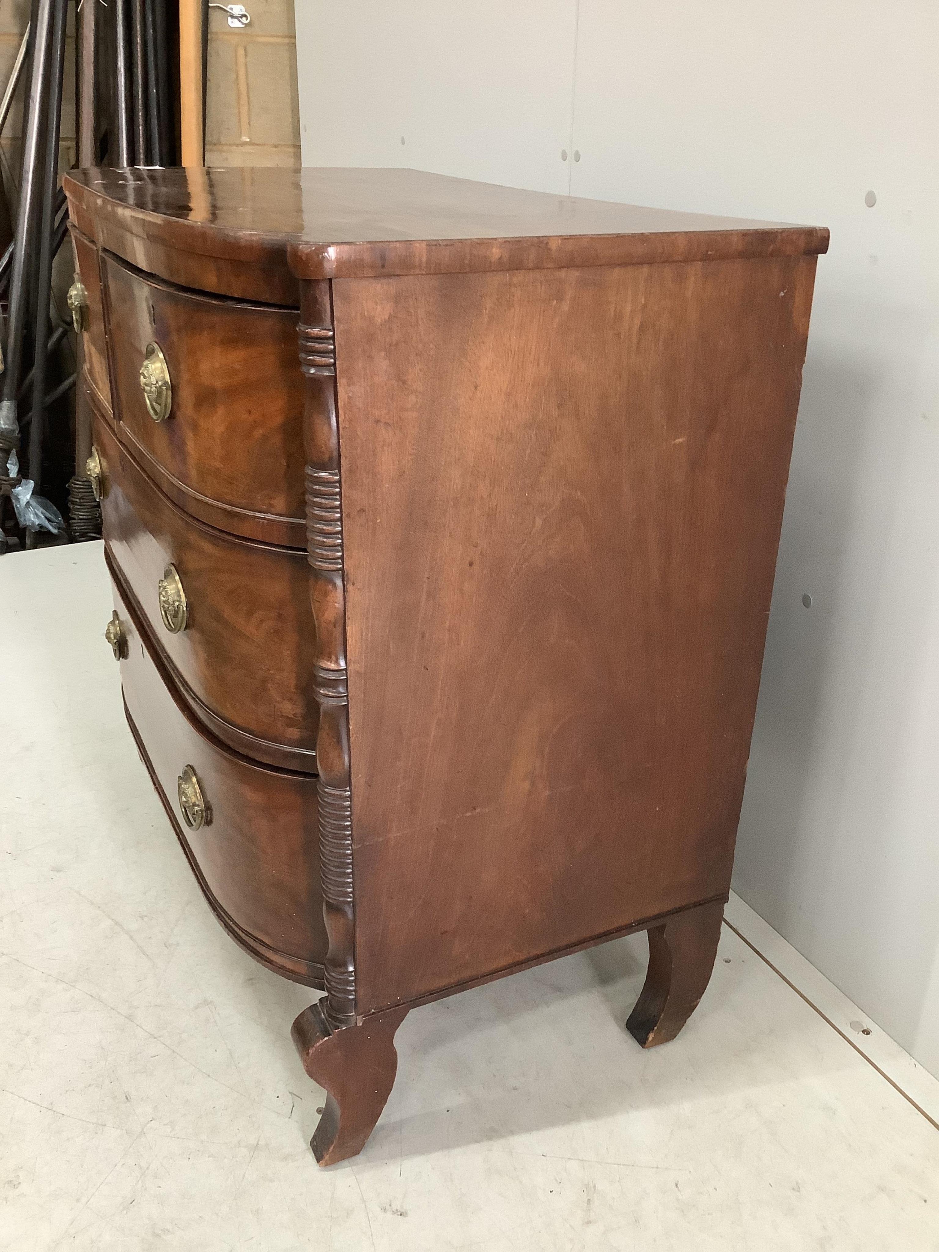 A Regency mahogany bowfront chest of four drawers, width 90cm, depth 51cm, height 89cm. Condition - fair